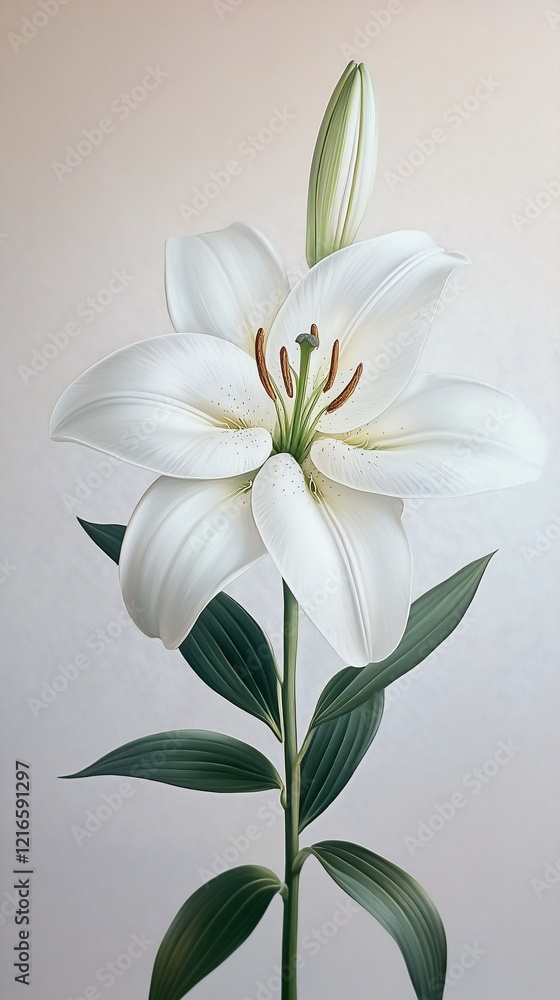 Naklejka premium Single white lily with leaves, and stem on blurred background for nature images