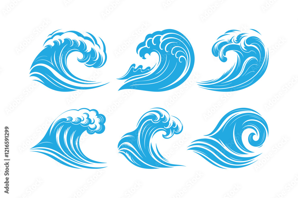 Water waves vector icon, Ocean sea waves Silhouette set Wave beach vector symbol Water waves vector icon, Ocean sea waves Silhouette set Wave beach vector symbol