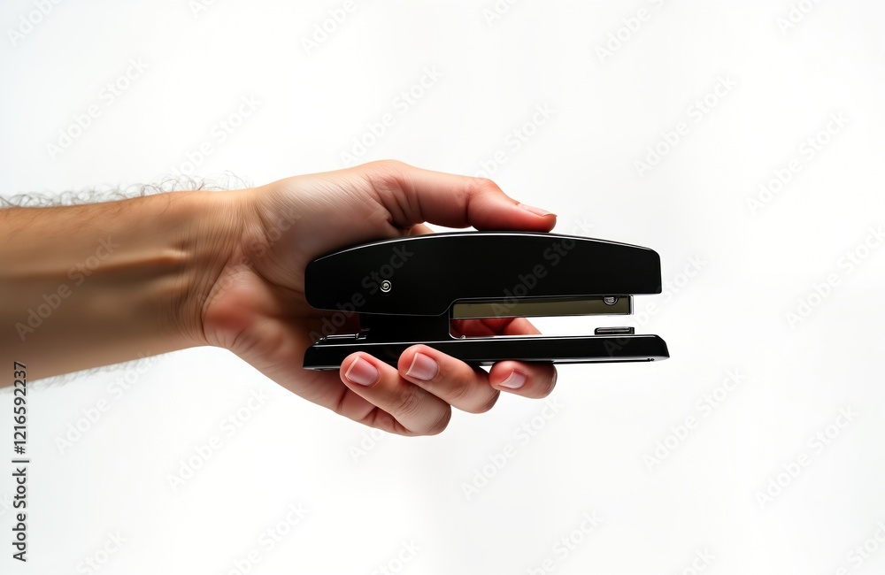 Close-up of hand holding black stapler against transparent background. Hand in focus, stapler visible. Photo could used for business projects marketing campaign. Office supplies, business tools, Close-up of hand holding black stapler against transparent background. Hand in focus, stapler visible. Photo could used for business projects marketing campaign. Office supplies, business tools,