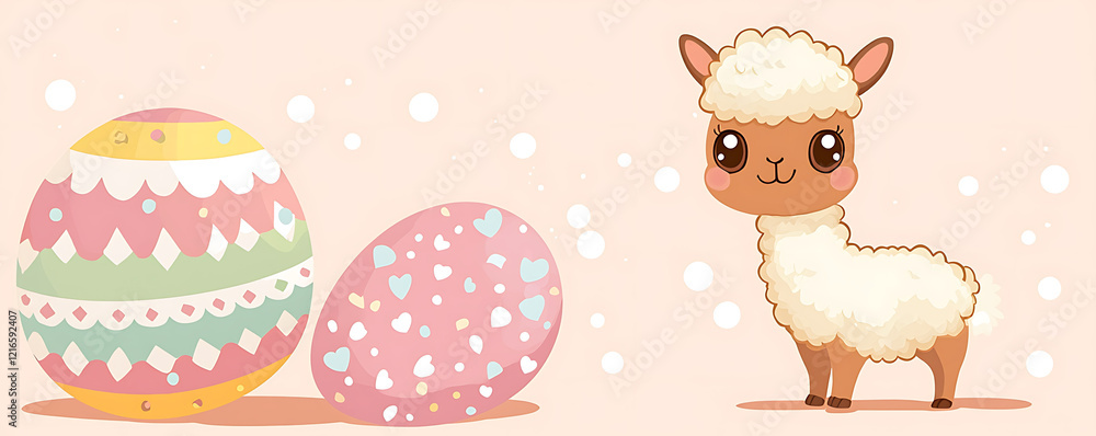 Cute alpaca with pastel Easter eggs. Cute alpaca with pastel Easter eggs.