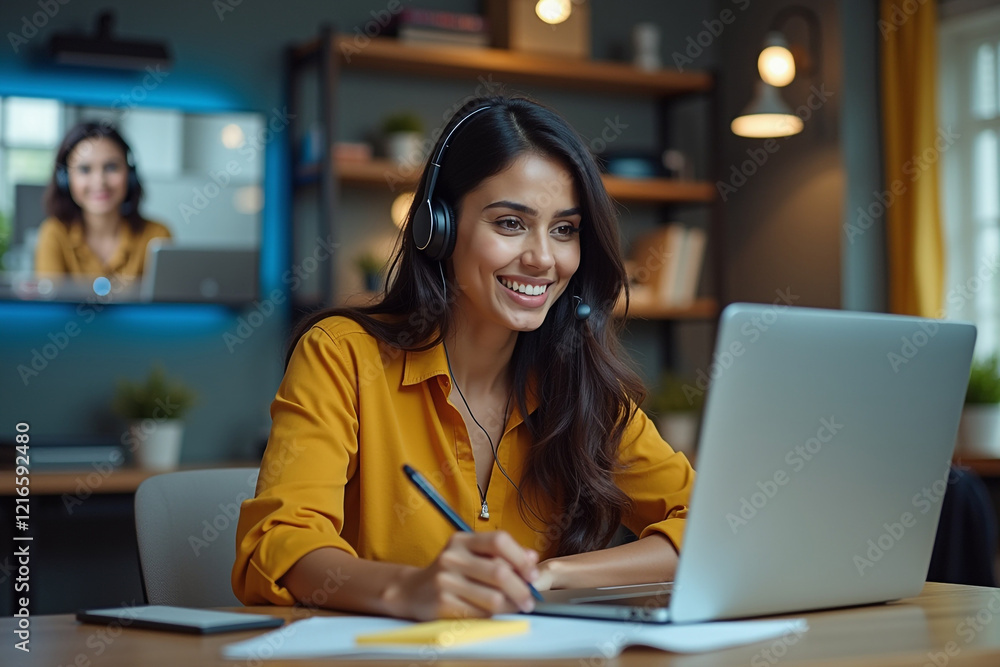 Young Beautiful Hispanic Online Support Worker at Workplace Using Headset for Video Call, Smiling Business Woman Typing on Computer Keyboard, Generative AI Young Beautiful Hispanic Online Support Worker at Workplace Using Headset for Video Call, Smiling Business Woman Typing on Computer Keyboard, Generative AI