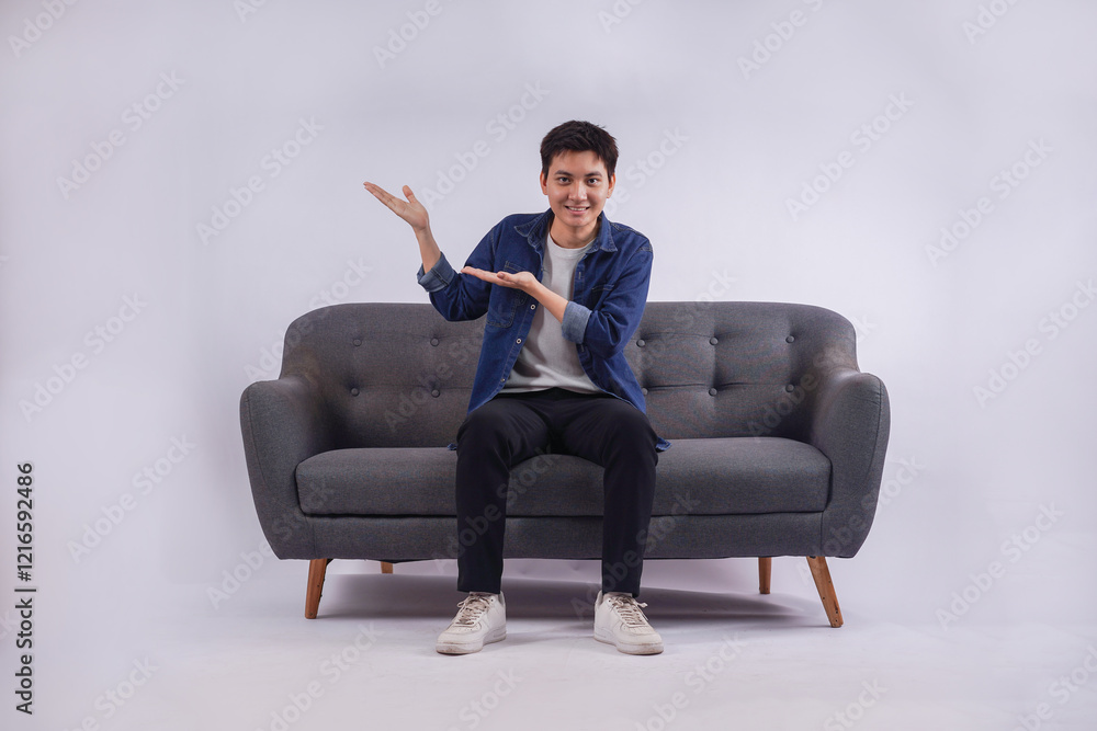 Full body image of young Asian man posing on sofa on white background Full body image of young Asian man posing on sofa on white background
