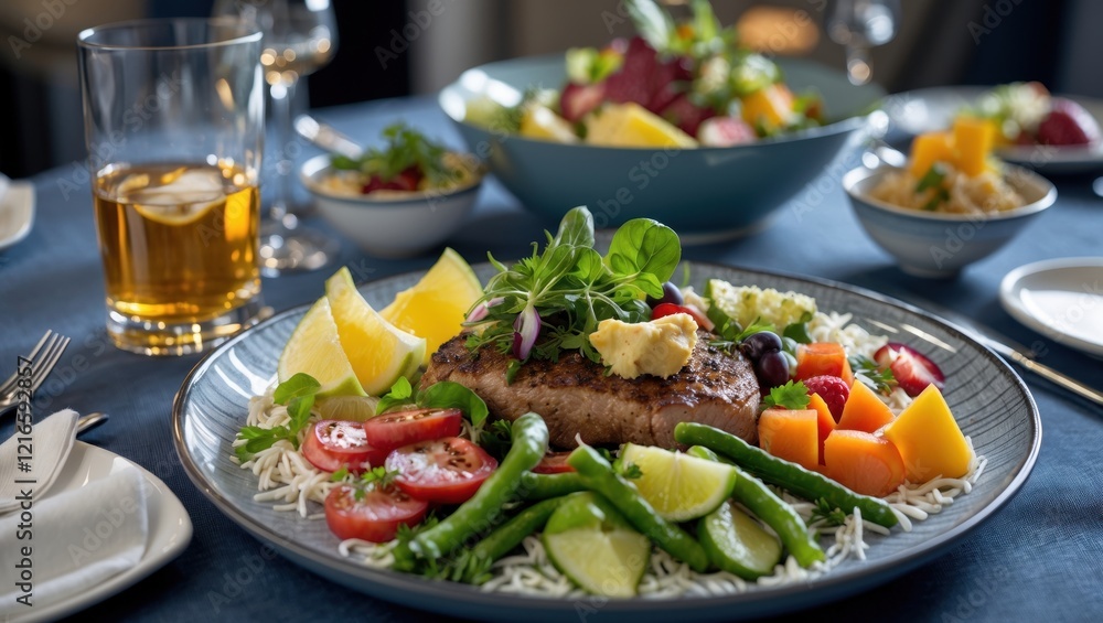 A vibrant plate of grilled fish on a bed of rice, accompanied by fresh vegetables and fruits, with drinks and salads in the background. A vibrant plate of grilled fish on a bed of rice, accompanied by fresh vegetables and fruits, with drinks and salads in the background.