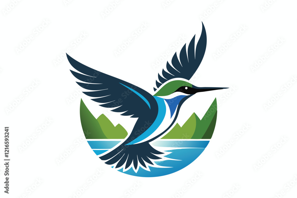 Fototapeta premium flying kingfisher with color silhouette logo E.eps