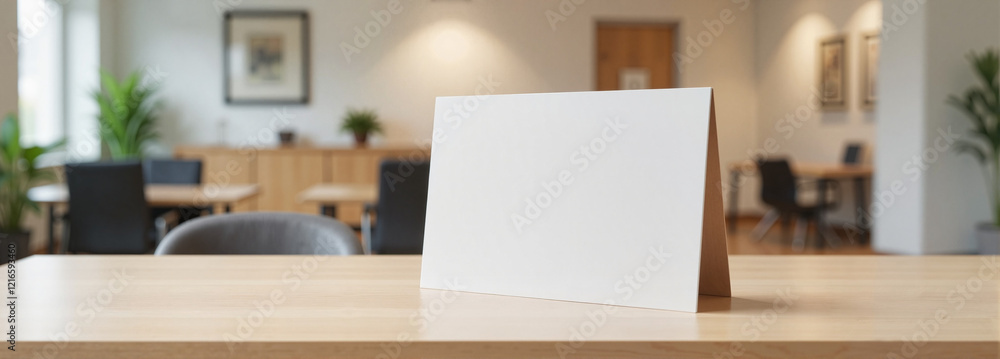 Blank banner mockup on wooden table in modern office Blank banner mockup on wooden table in modern office