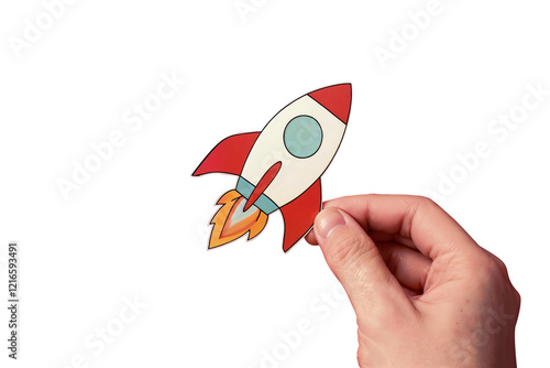 Hand Holding Colorful Paper Rocket Cutout Against On White Transparent Background