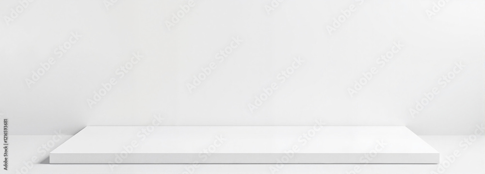 Empty white shelf with minimalistic background Empty white shelf with minimalistic background