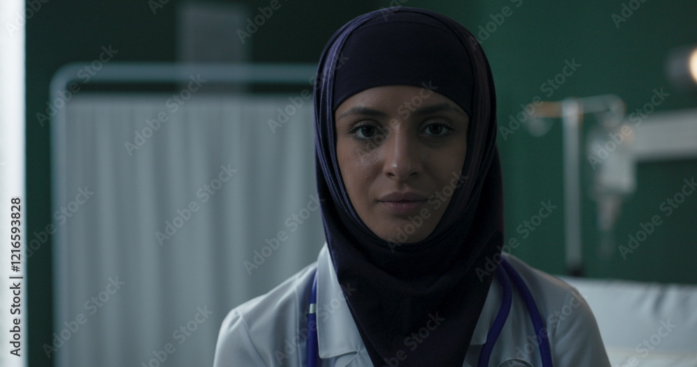 Arab woman stands in front of an empty hospital ward and looks up at the camera, showing confidence. Arab woman stands in front of an empty hospital ward and looks up at the camera, showing confidence.