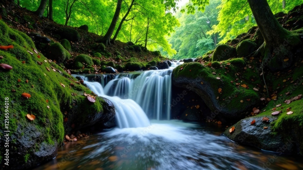 A peaceful corner of nature with a waterfall, free space for text on the side A peaceful corner of nature with a waterfall, free space for text on the side