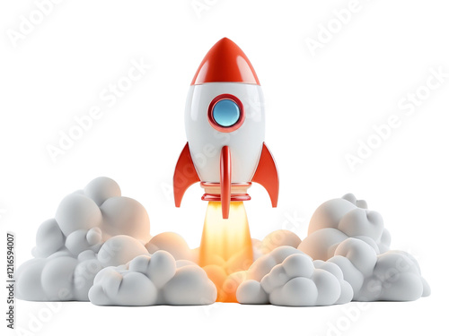 Cartoonish Rocket Ship Taking Off Against White Transparent Background