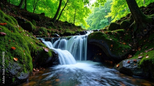 A peaceful corner of nature with a waterfall, free space for text on the side