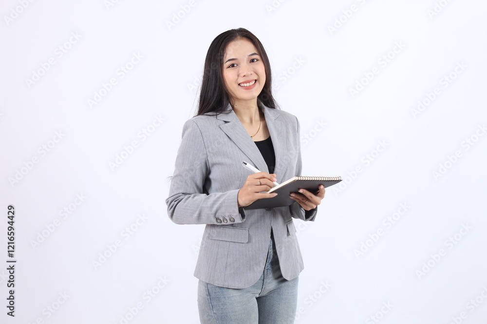 Smiling Asian Business Woman Holding Notebook and Pen in Professional Grey Suit Smiling Asian Business Woman Holding Notebook and Pen in Professional Grey Suit
