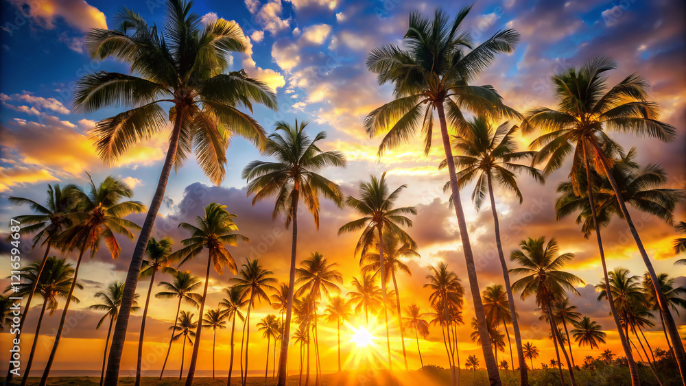 Obraz premium Breathtaking sunset over palm trees with vibrant colors and dramatic clouds