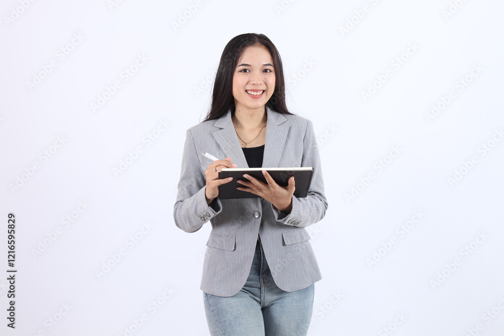 Asian Business Woman Smiling with Notebook and Pen in Professional Grey Suit Asian Business Woman Smiling with Notebook and Pen in Professional Grey Suit