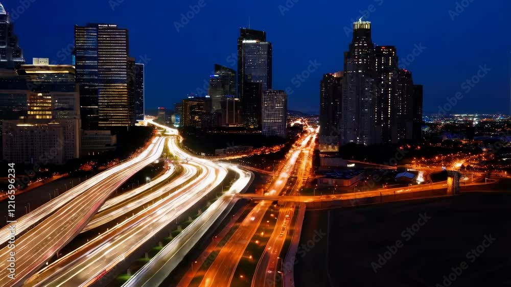 Night Lights Cityscape: Urban Expressway and Skyline at Dusk Night Lights Cityscape: Urban Expressway and Skyline at Dusk
