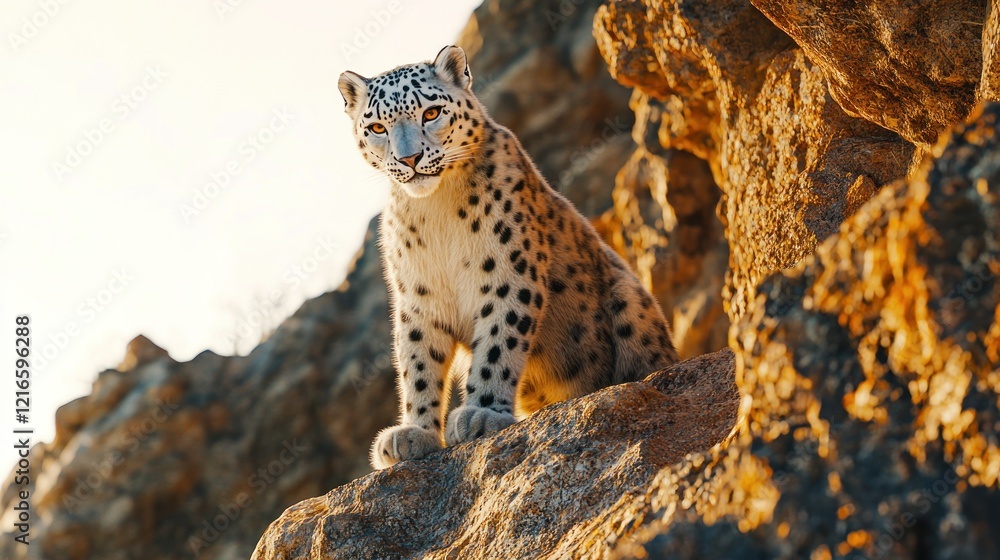 Fototapeta premium Snow Leopard on a Rocky Mountain