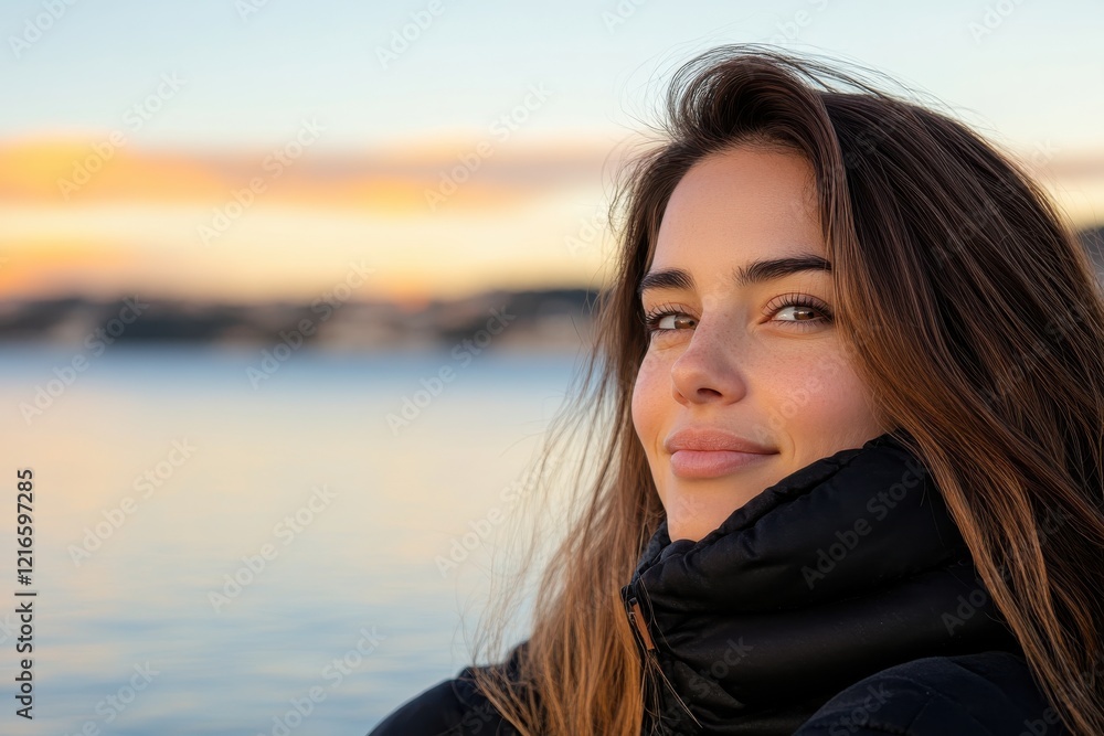 A captivating portrait of a young woman smiling softly near a tranquil water body, illuminated by the golden hues of a beautiful sunset, capturing a serene moment. A captivating portrait of a young woman smiling softly near a tranquil water body, illuminated by the golden hues of a beautiful sunset, capturing a serene moment.