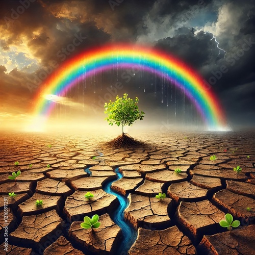 Rainbow Over a Cracked Earth A dry cracked ground begins to spro photo