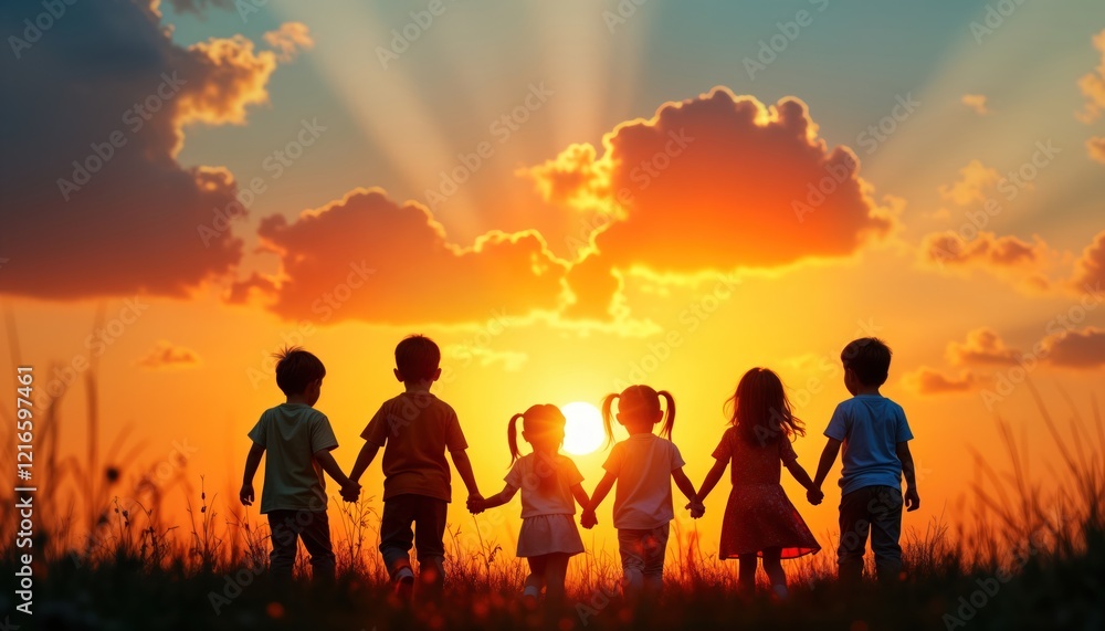 Fototapeta premium Silhouette of children holding hands during sunset. Walk together in field with vibrant sunset sky full of clouds. Scene evokes happiness, friendship, unity among children. Ideal for international