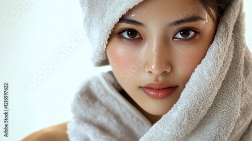 Post-spa refreshing beauty portrait indoor setting close-up soft lighting serene mood photo