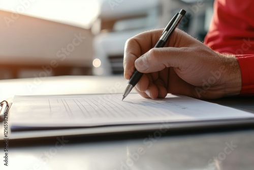 Truck Driver Completing Detailed Inspection Forms Outdoors, Diligent Documentation and Vehicle Maintenance photo