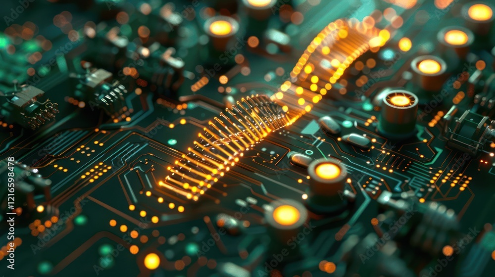Fototapeta premium Close-up view of a vibrant circuit board showcasing intricate connections and glowing components