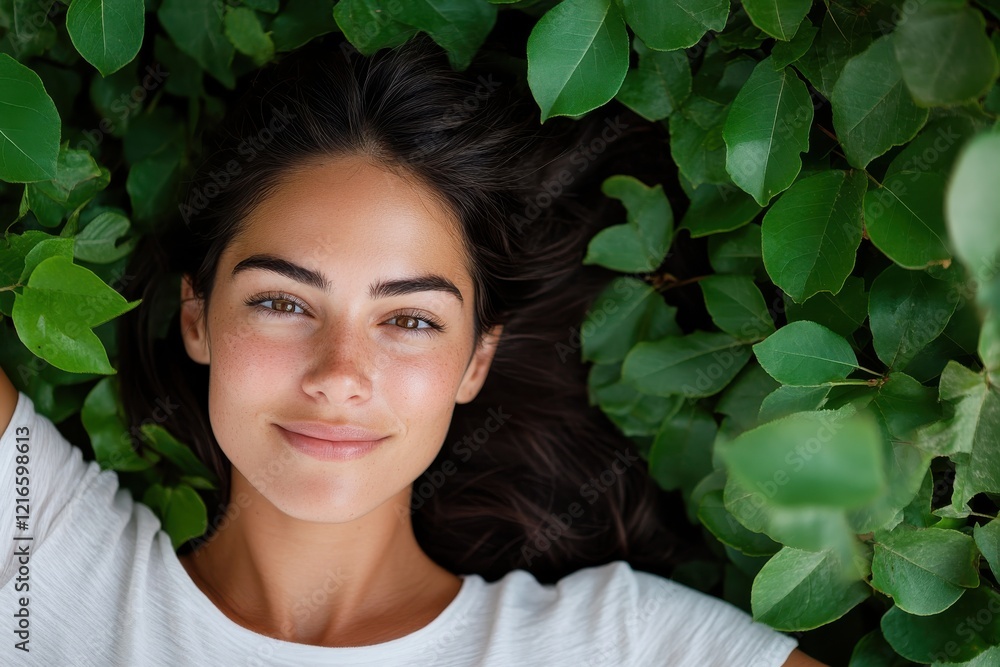 This captivating image shows a young woman at peace, lying among vibrant green leaves, her serene expression embodies confidence and a harmonious connection with nature. This captivating image shows a young woman at peace, lying among vibrant green leaves, her serene expression embodies confidence and a harmonious connection with nature.