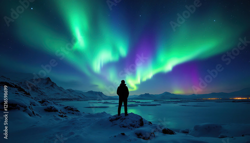Aurora Borealis Green fluor Northern Lights and silhouette man watching. Winter landscape with polar weather in Arctic, Norway,Canada,Finland,Iceland, Sweden. Starry night sky scenery background 4k