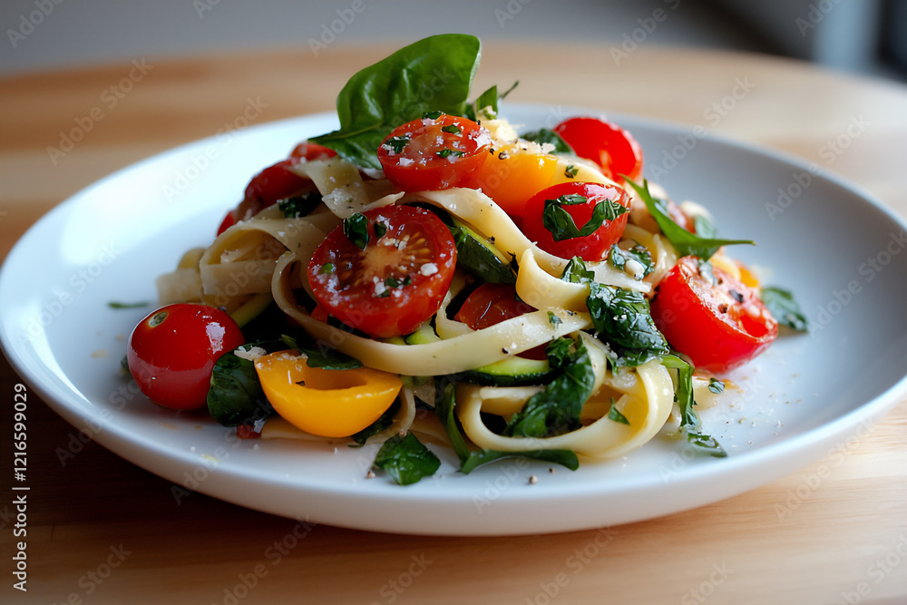 a plate of vegan pasta primavera with a variety of vegetables like zucchi a plate of vegan pasta primavera with a variety of vegetables like zucchi