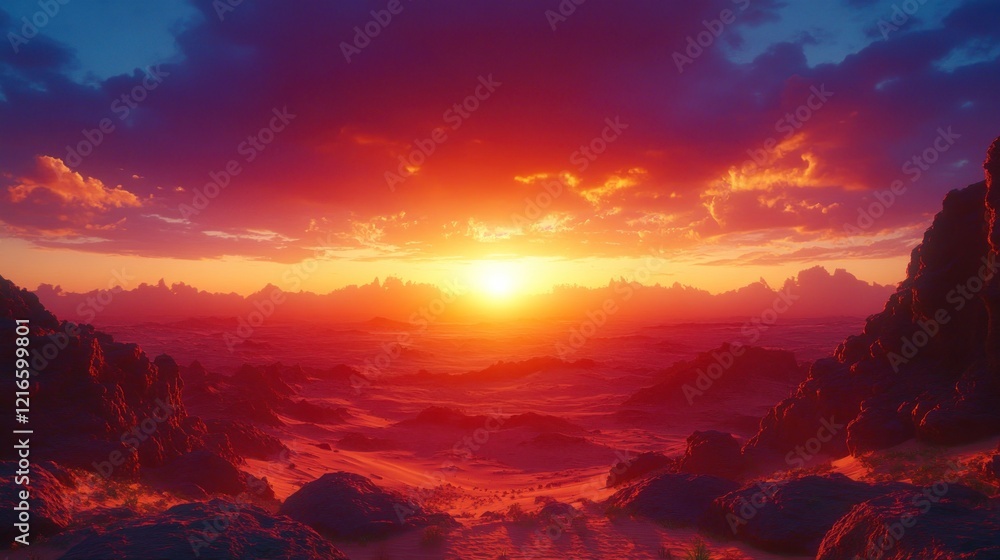 Desert sunset landscape, vibrant sky, rocks, dunes Desert sunset landscape, vibrant sky, rocks, dunes