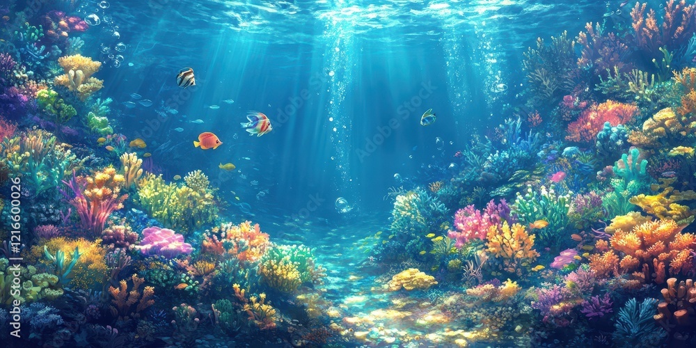 Naklejka premium Vibrant Coral Reef Underwater Scene With Colorful Fish