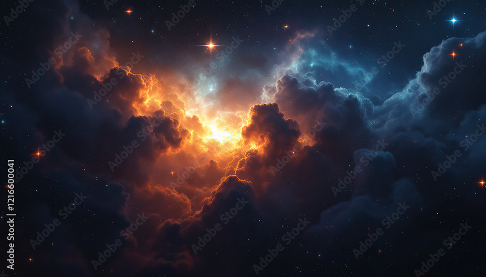 Fototapeta premium Galaxy space flight exploration space rock scence at NGC 346. 4K looping animation of flying through glowing nebulae, clouds and stars field. 