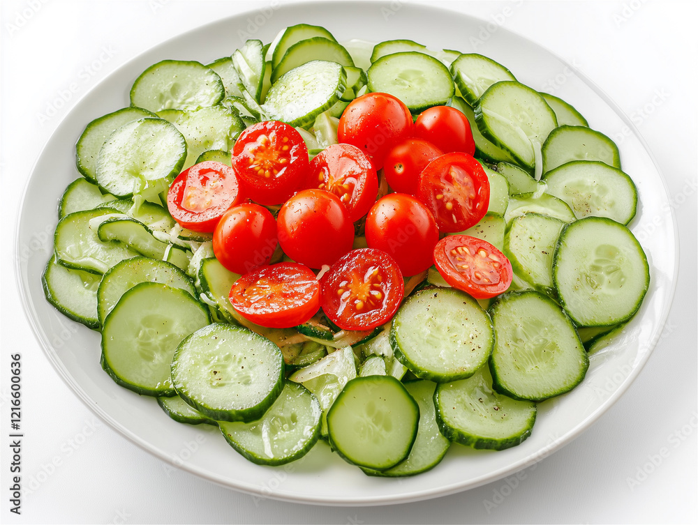 Food Photo: Freshly Made Tomato and Cucumber Salad in a Bowl on White Background Food Photo: Freshly Made Tomato and Cucumber Salad in a Bowl on White Background