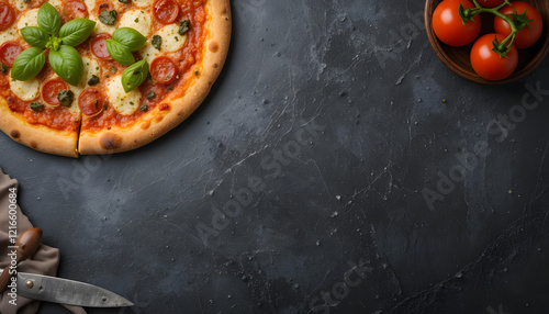 Homemade pizza on a black stone background. Italian cuisine. Top view. Free space for your text.
