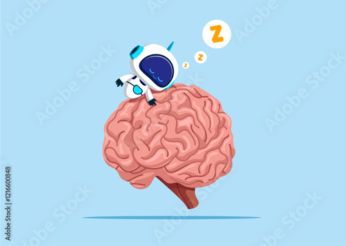 Robot sleeping on ineffective human brain. Confusion problem or doubt, lost in trouble or complexity, misunderstanding. Vector illustration