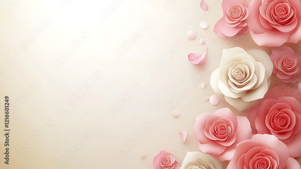 Elegant Paper Roses and Petals on Beige Background Elegant Paper Roses and Petals on Beige Background