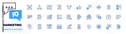 Marketing icon collection. Bold line style. Duotone colors. bad comment, feedback, online review, customer review, survey, rating, advertising, settings, advertisement, idea
