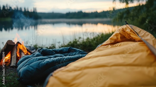 Wallpaper Mural Camping gear by a lakeside. Featuring a tent, sleeping bag, and a campfire setup. Highlighting the joys of outdoor adventures. Ideal for travel guides. Torontodigital.ca