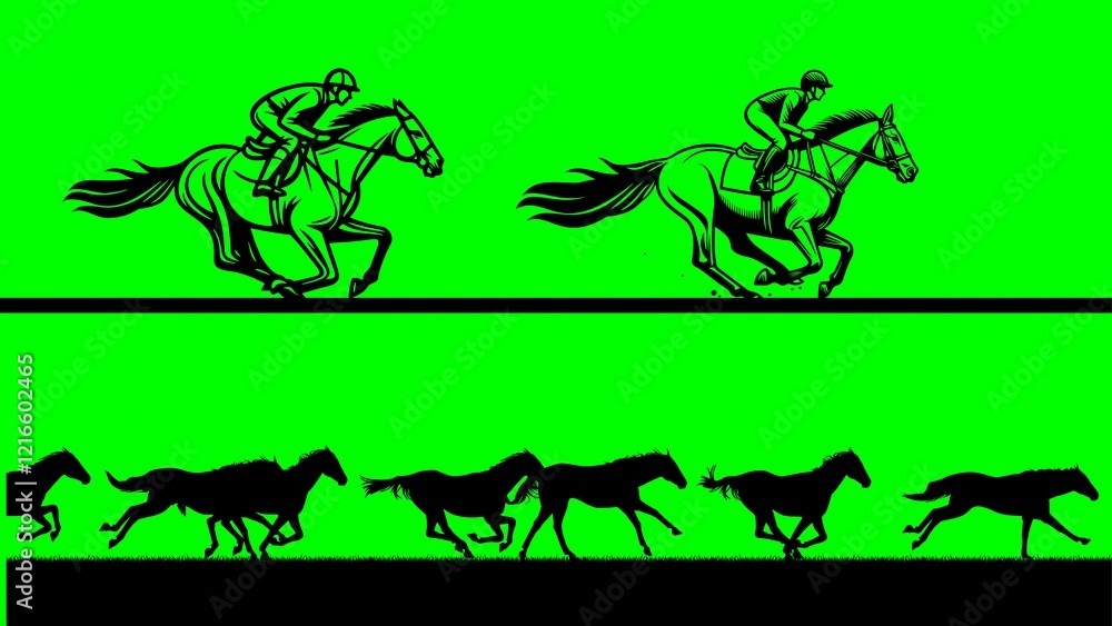 Horse Racing Illustration. Running Horses Foreground Silhouette on green background
Horse Racing Illustration. Running Horses Foreground Silhouette on green background