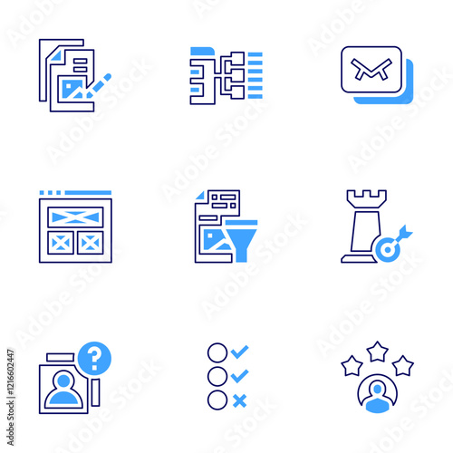 Marketing icon set. Bold line style. Duotone colors. Editable stroke. content, content curation, email, strategy, wireframing, survey, customer feedback, customer