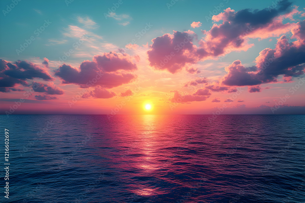 Fototapeta premium Vibrant Sunset over Calm Ocean Waters, Pink and Purple Hues