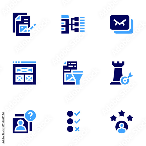 Marketing icon set. Bold style. Duotone colors. content, content curation, email, strategy, wireframing, survey, customer feedback, customer