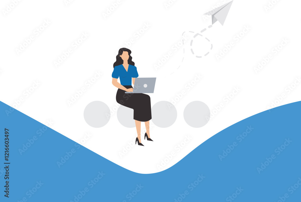 Customer relationship management, CRM, chatbot or automatic messages for customers, smart businesswoman managing customer chat using laptop while sitting on big speech bubble Customer relationship management, CRM, chatbot or automatic messages for customers, smart businesswoman managing customer chat using laptop while sitting on big speech bubble