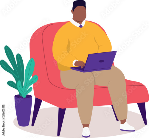 One Plus Size Black Man With Laptop Sitting On Sofa And Working At Home.