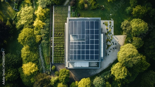 Sustainable Modern Home with Solar Panels and Lush Garden