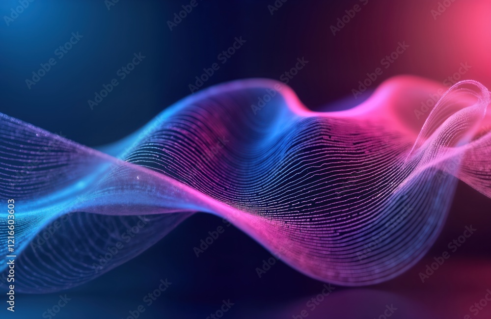 Fototapeta premium Abstract wavy lines create dynamic motion. Neon purple, blue colors blend harmoniously to create intricate design. Fluid, energetic style suggests innovation, technology. Ideal for modern digital