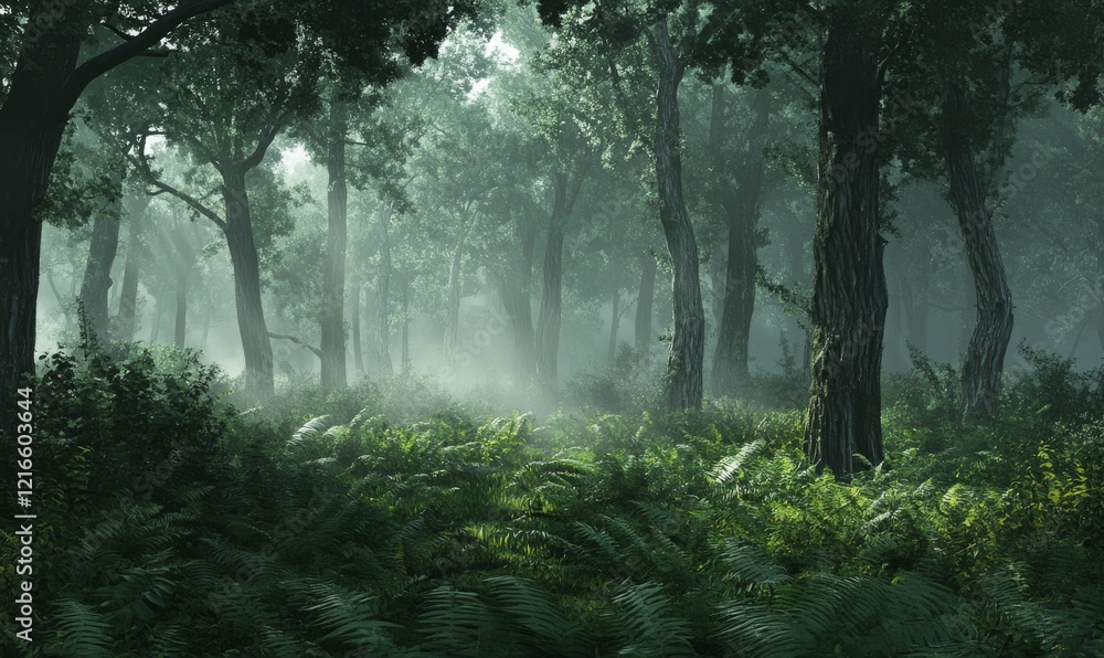 Misty forest with foggy atmosphere and ferns, natural scenery, foggy woods, tree foliage