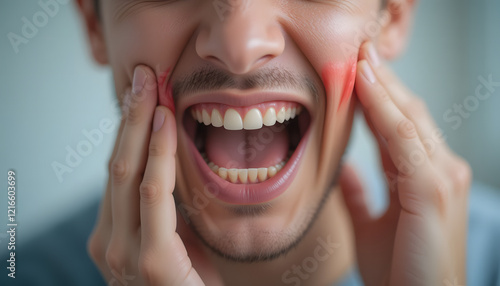 Toothache, medicine, health care concept, Teeth Problem, young man suffering from tooth pain, caries. photo