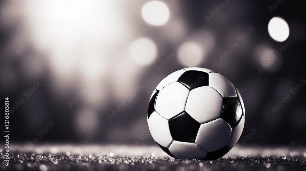 Fototapeta premium Close-up of a Black and White Soccer Ball on a Sparkling Surface with Blurred Background Lighting Effects