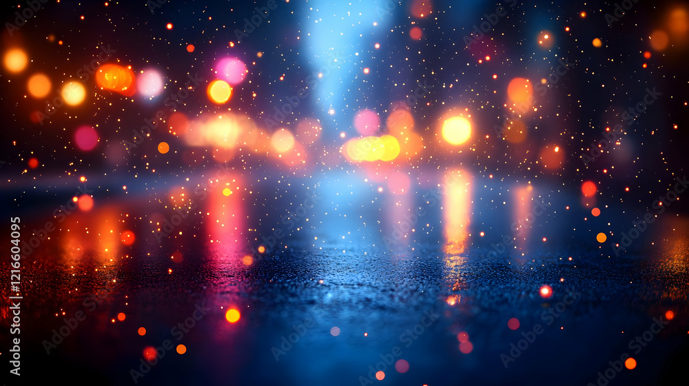 Obraz premium Vibrant City Nightscape with Colorful Reflections on Wet Asphalt